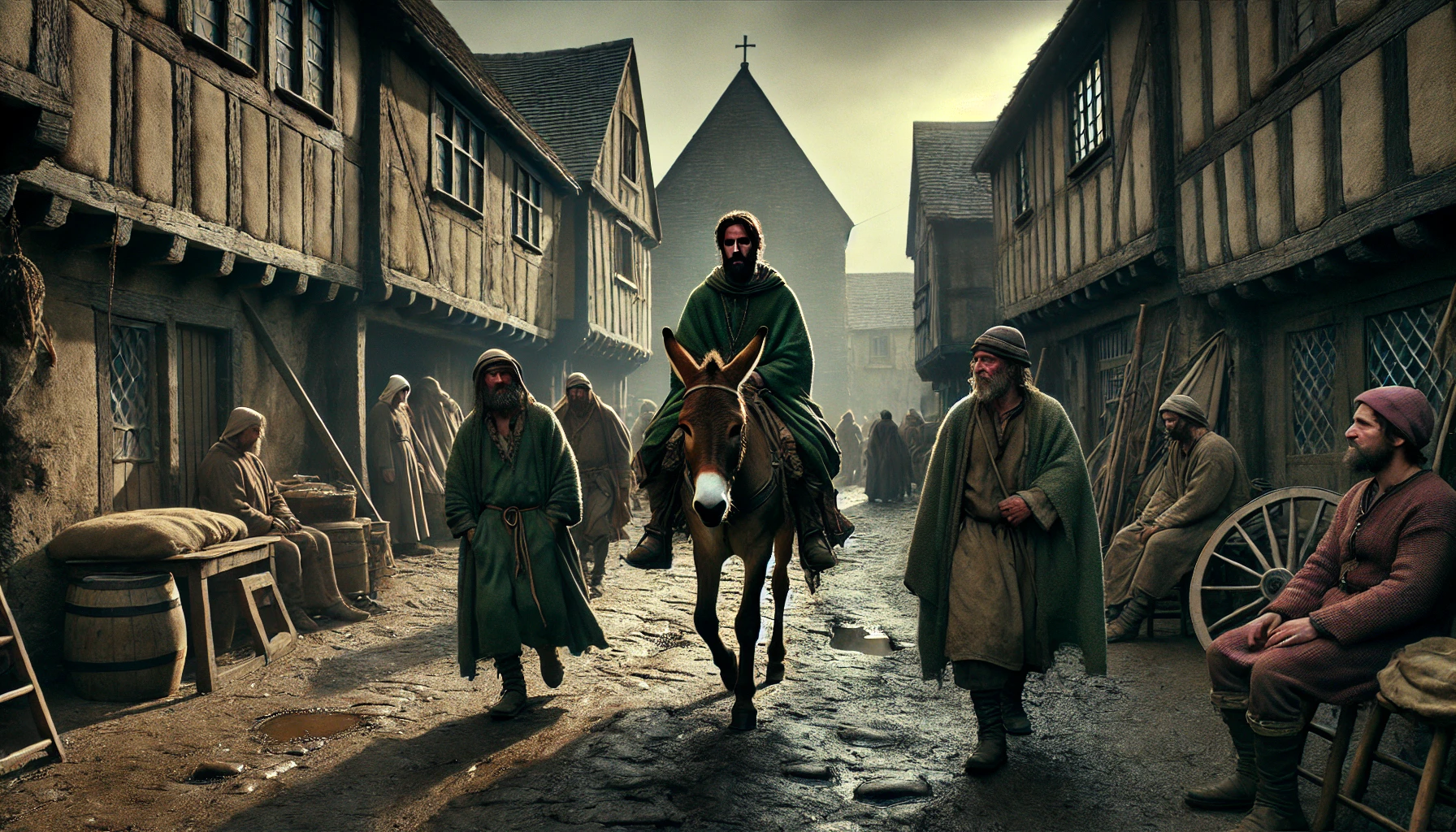 medieval market-town street in the late afternoon