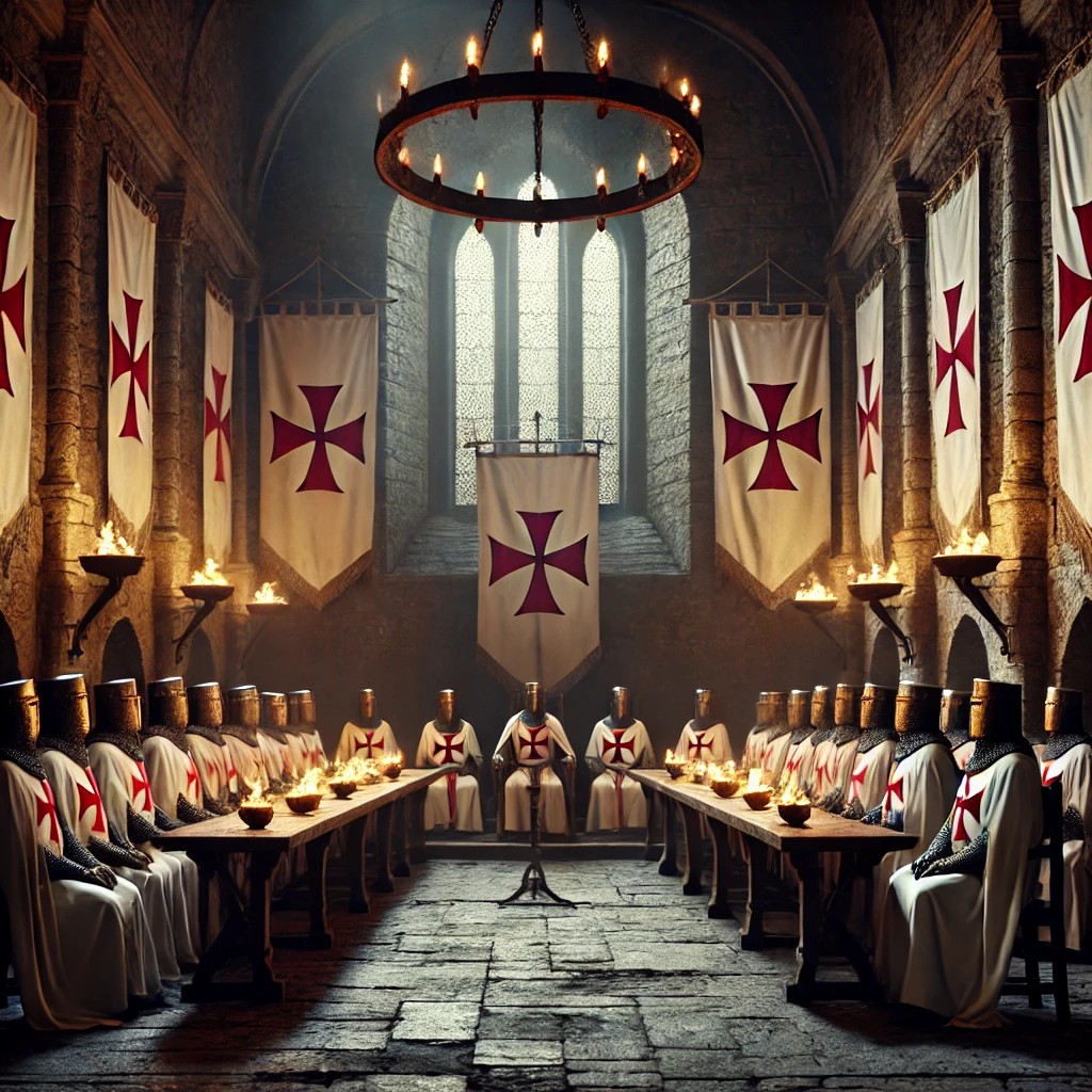 A grand medieval castle hall, lit by torches, with Templar banners