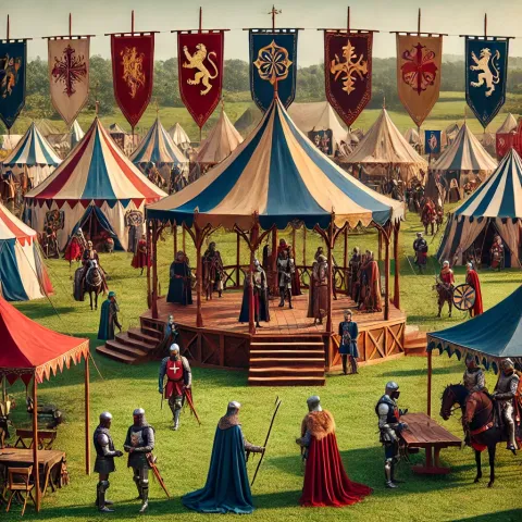 A grand medieval tent pavilion set up on a lush green field, with banners of various noble houses fluttering in the breeze